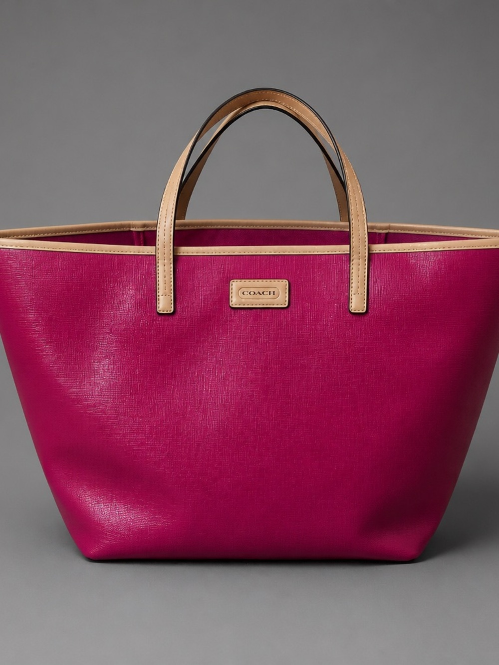 Coach Fuchsia Leather Tote with Tan Handles